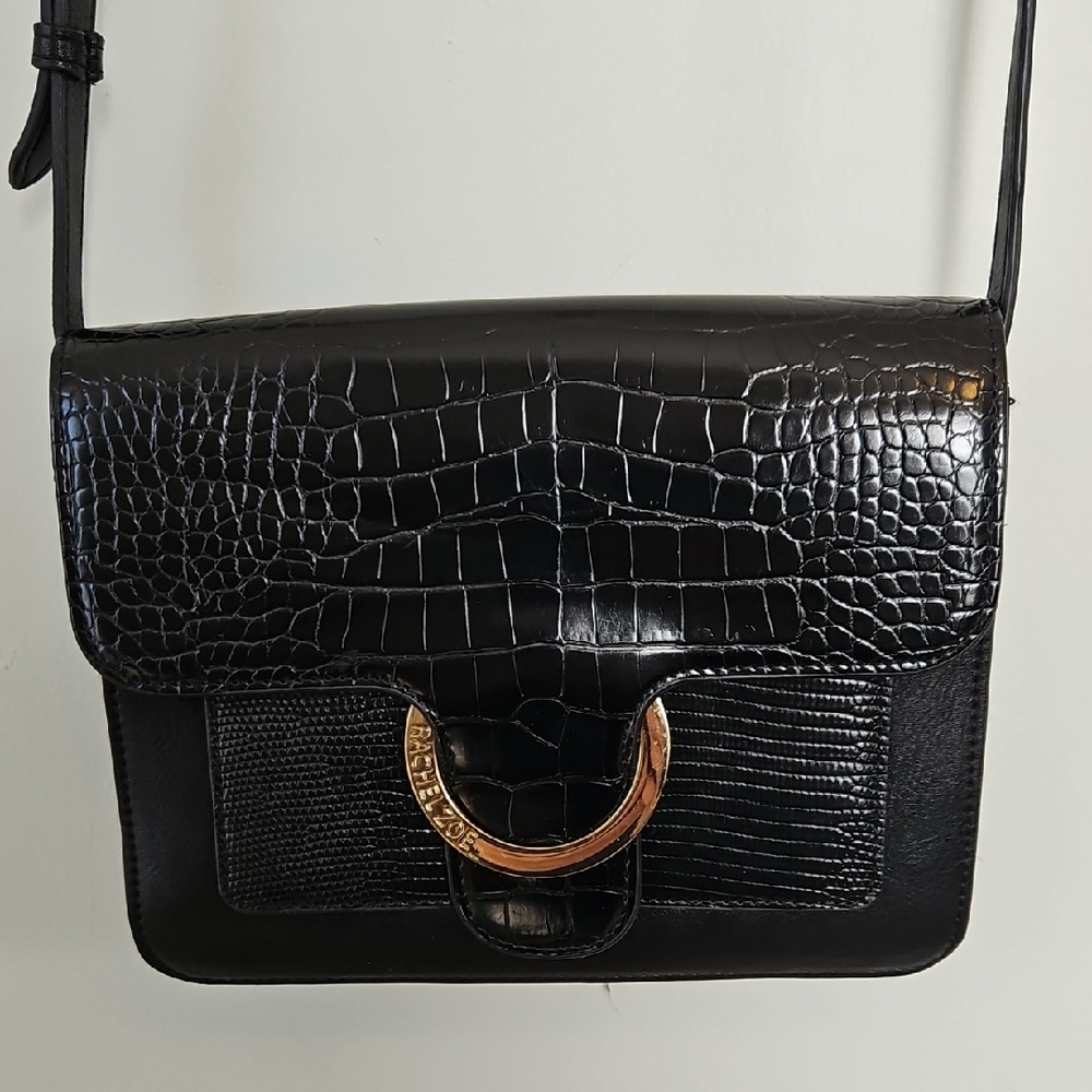 Rachel Zoe Irim Black Faux Croc-Embossed Crossbody Bag